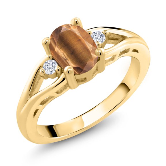Gem Stone King 18K Yellow Gold Plated Silver Brown Tiger Eye 3 Stone Engagement Ring for Women | 1.31 Cttw | Oval 8X6MM | Round 2MM | Gemstone Birthstone | Size 6