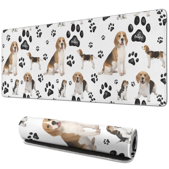 Long Mouse Pads for Desk,Beagle Dog and Footprints Desk Mats on Top Of Desks, Desk Mouse Pad Extra Large with 3mm Non-Slip Base and Stitched Edge for Gaming,Office,Work,Home 31.5"x11.8"