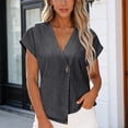 thumbnail image 2 of Asymmetric Button V-Neck Dolman Sleeve Denim Casual Top for Women Solid Color Spring Summer Blouse for Daily Wear S-XXL, 2 of 7