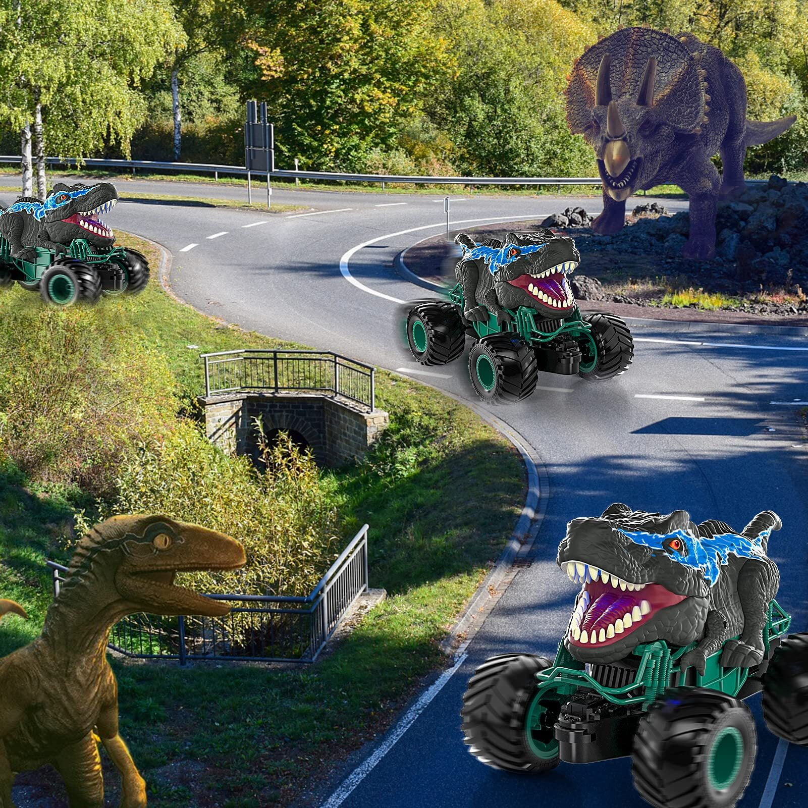 Flooyes Remote Control Dinosaur Car for Boys Kids Ages 3 4 5 6 7 8+ Years, 2.4ghz RC Dinosaur Truck for Toddlers, Electronic Rc Car with Light Sound & Spray All Terrain Car for 3 4 5 6-8 Kids