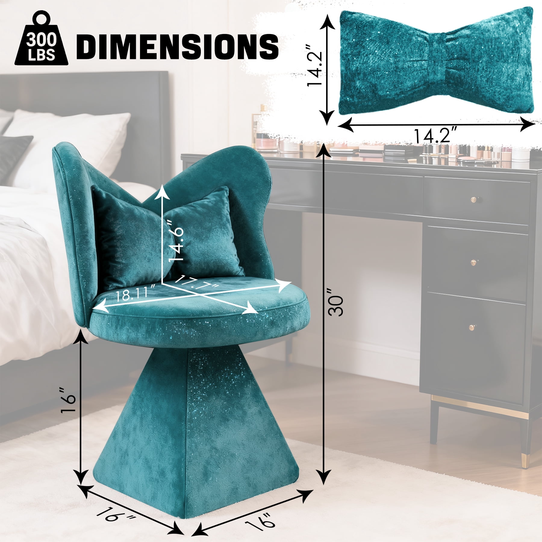 Blue Swivel Vanity Chair | 360° Rotating Makeup Chair with Butterfly Back, Chenille Velvet Accent Chair with Decorative Pillow – for Bedroom, Dressing Table, Living Room, Dining, Home Office & Study