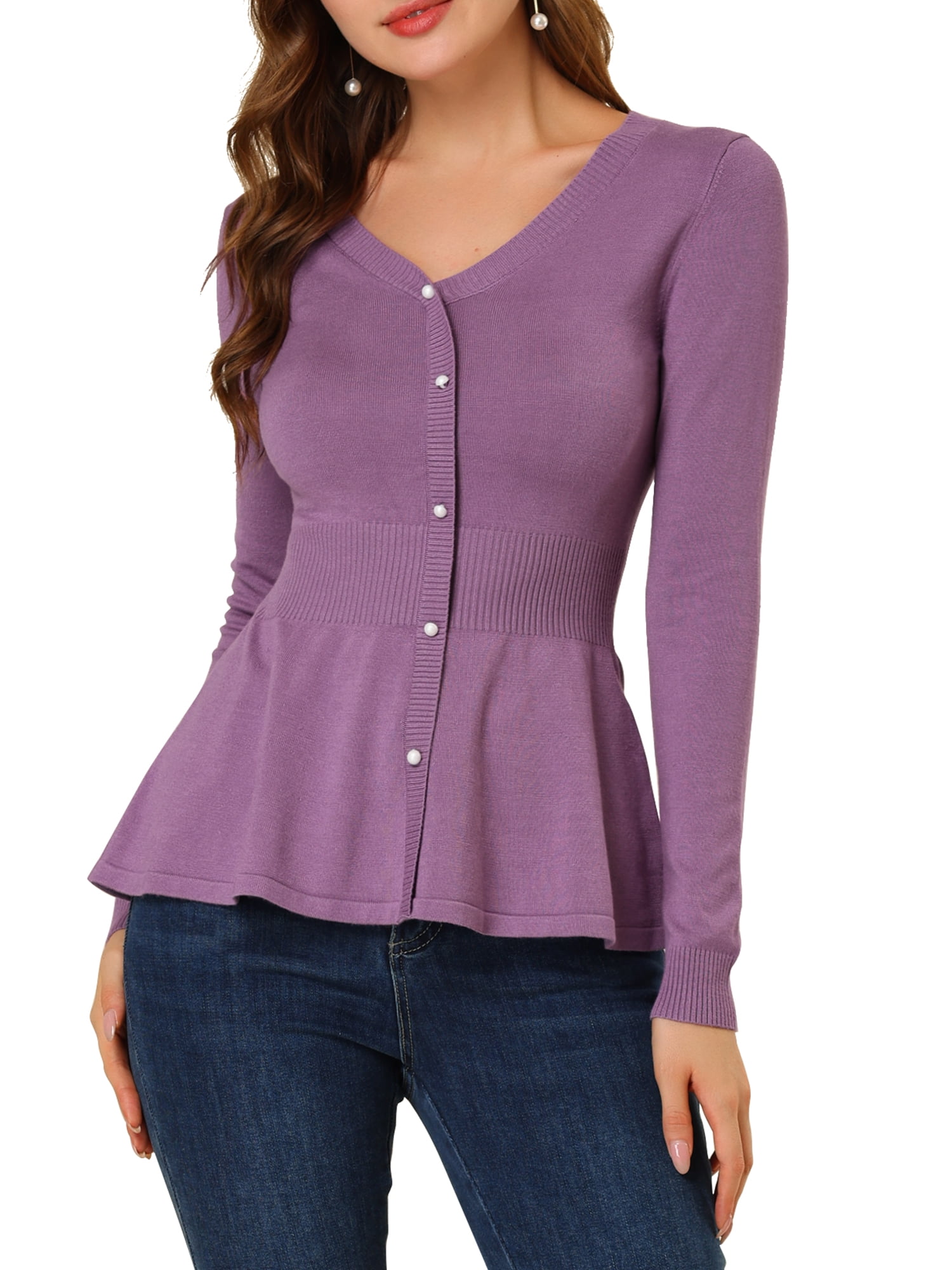 DARING DIVA Women's Peplum Top Smocked Long Sleeve Knit Sweater S Purple