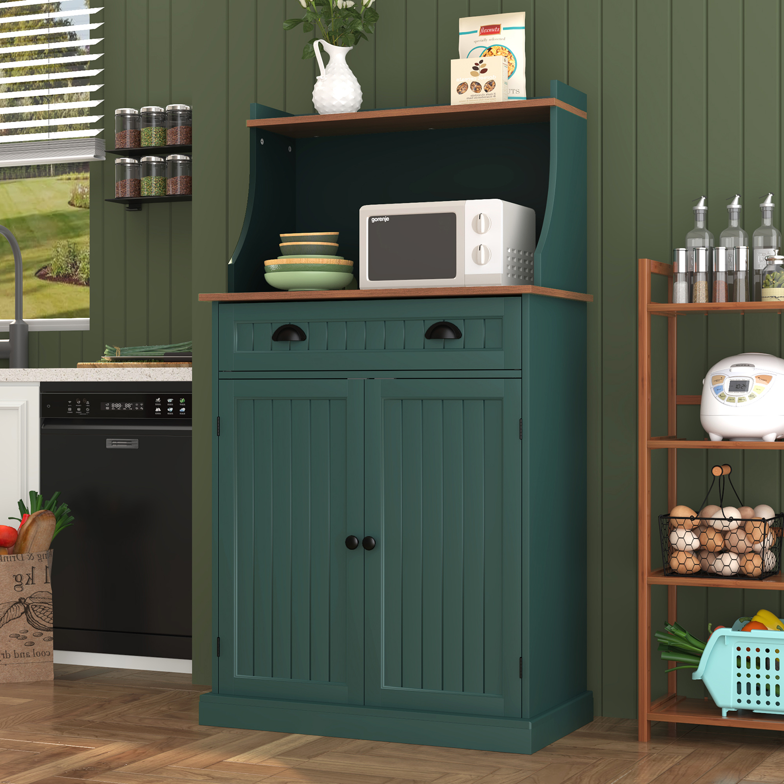 Kitchen Microwave Pantry Storage Cabinet with Drawers & Cabinets for Kitchen Organization, Green