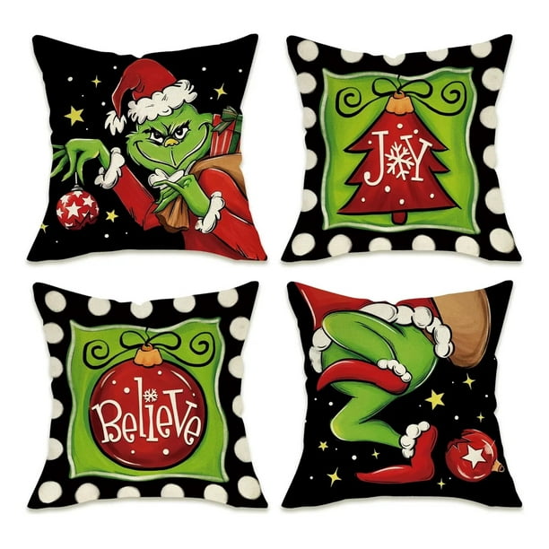 Set de 4 Fundas de Cojín 45x45 cm Navideñas del Grinch, Tela Suave y Lavable, Decoración Festiva para Sofá