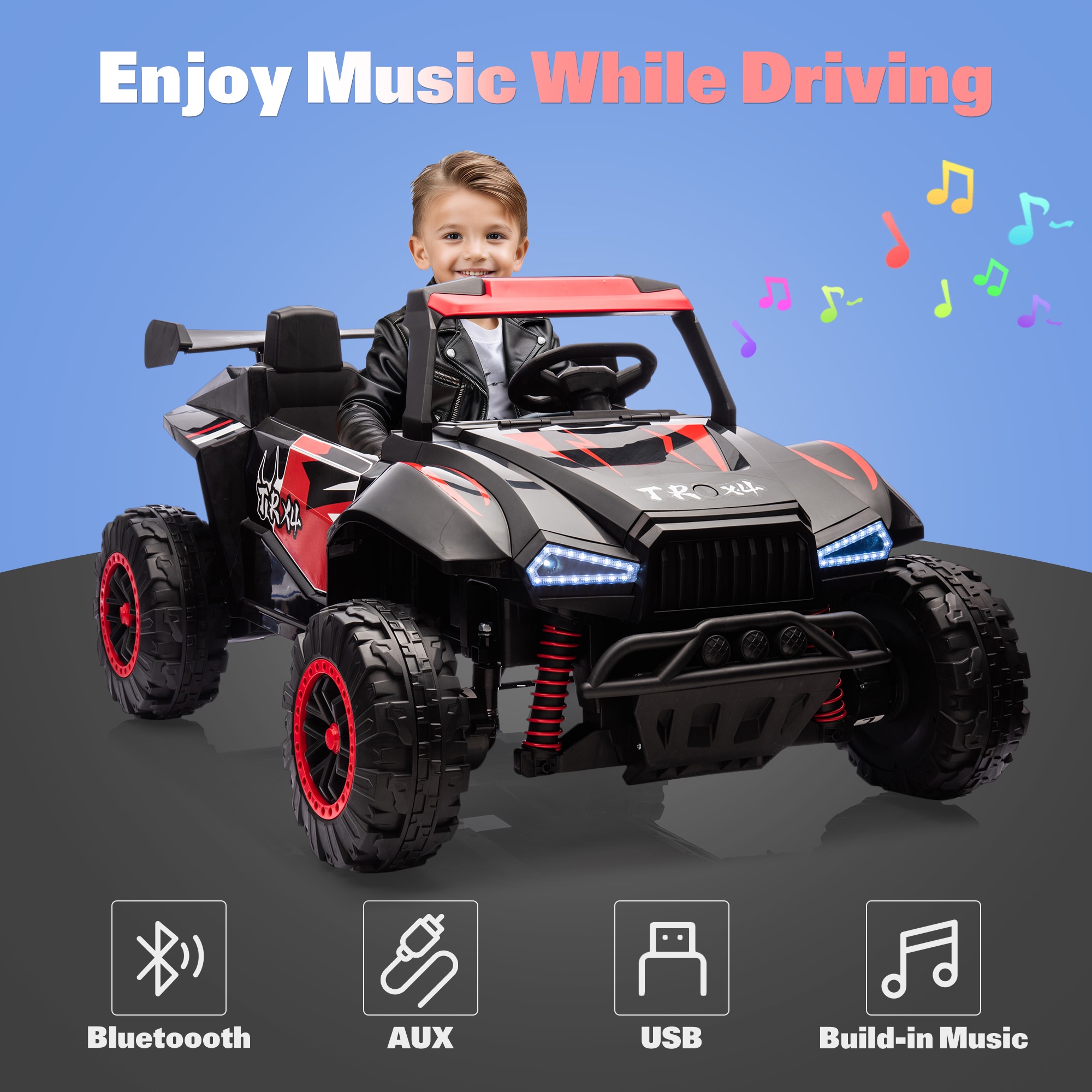 24V 2 Seater Ride on Toy Cars, Kids Ride on UTV Cars with Remote Control, Battery Powered Electric Car for Kids Boys Girls 3-8 w/Bluetooth, USB, Dual Flash Light, 4 Wheelers Drive, Black