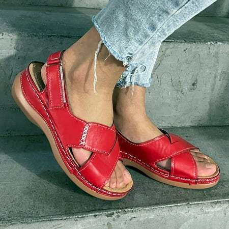 

uikmnh Women Shoes Fashion Women s Casual Shoes Breathable Thick-soled Wedges Leisure Sandals Red 7.5