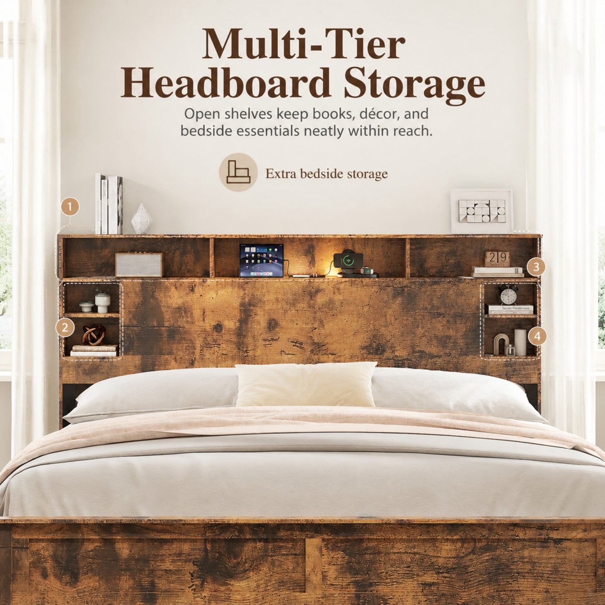 DEALTOPS King Size Platform Bed Frame with Storage Headboard, LED Light & Charging Station, Rustic Brown