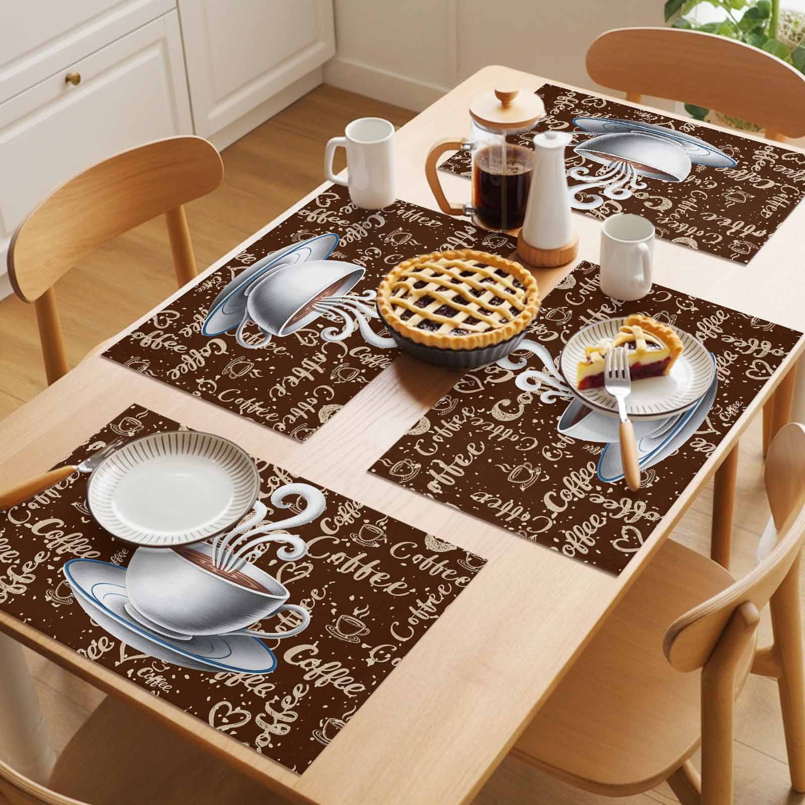 Placemat Set of 4 Coffee Theme Vintage Placemats for Dining Table Retro Country Brown Washable Table Mats for Kitchen and Party Decor Indoor & Outdoor Use