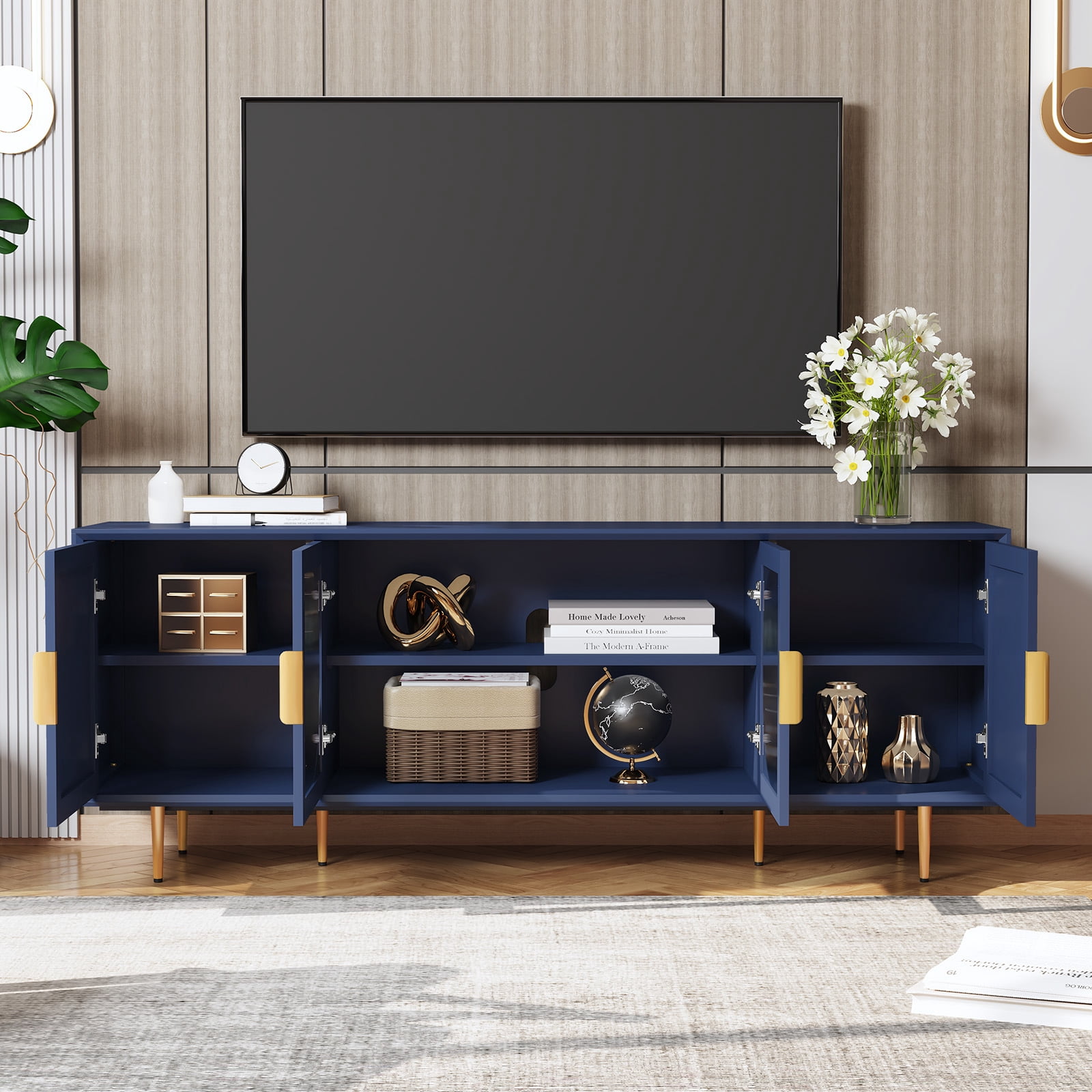 CBJCBJ 66" TV up to 75" Stand for Living Room, Entertainment Center with Glass Storage Cabinet