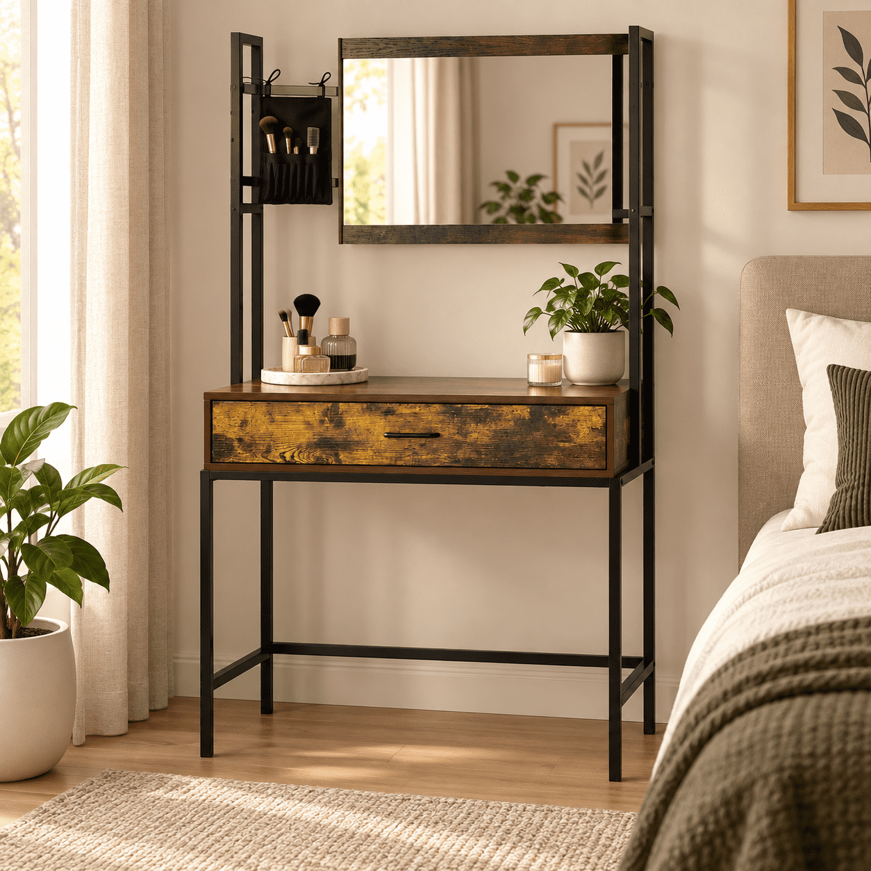 Furnibear Industrial Vanity Table with 3-Height Adjustable Mirror, Makeup Dressing Table with Sliding Drawer and Brush Bag, Rustic Brown
