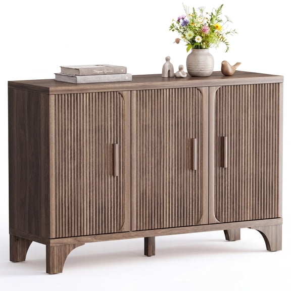 Furnibear 47" Fluted Buffet Cabinet with Storage Accent Sideboard, Modern Credenza with 3 Doors, Wood Coffee Bar Table Console for Dining Room Kitchen Living Room Entryway, Walnut Brown