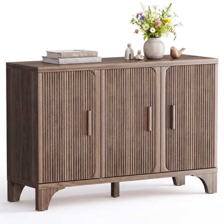 Furnibear 47" Fluted Buffet Cabinet with Storage Accent Sideboard, Modern Credenza with 3 Doors, Wood Coffee Bar Table Console for Dining Room Kitchen Living Room Entryway, Walnut Brown