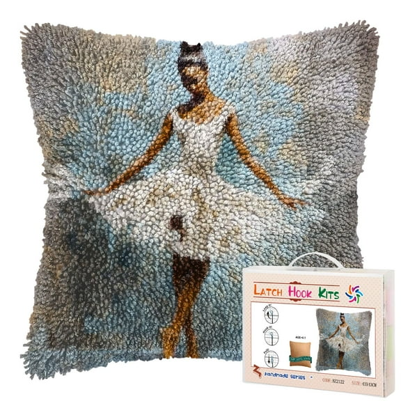White Dress Ballerina Woman Dancing DIY Latch Hook Pillow Kits for Adults Printed Pillowcase Crochet Yarns Hooking Handmade Pillow Cover Cushion for Home Sofa Decoration 17x17inch(2)