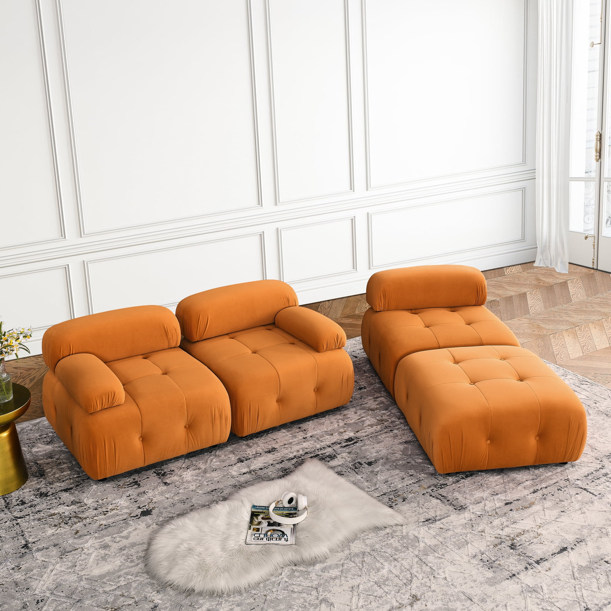 Aukfa 93" Sectional Sofa, Button Tufted Modular Chaise Couch for Living Room, Velvet, Orange