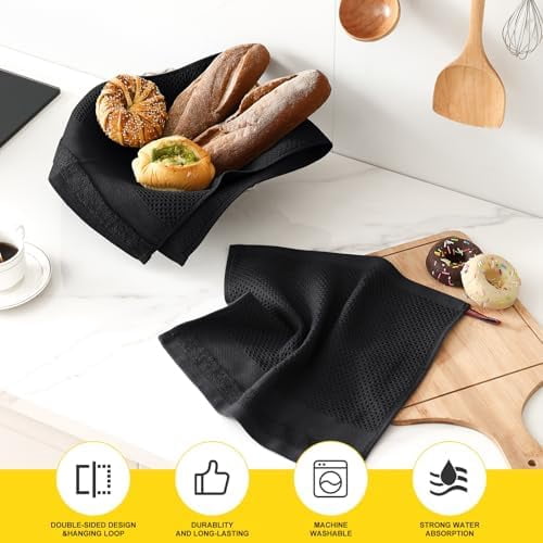 Kitchen Towels and Dishcloths Set, 12 x 12 and 13 x 28 Inches, Set of 12 100% Cotton Waffle Weave Kitchen Towels, Super Soft and Absorbent Dish Cloths, Black