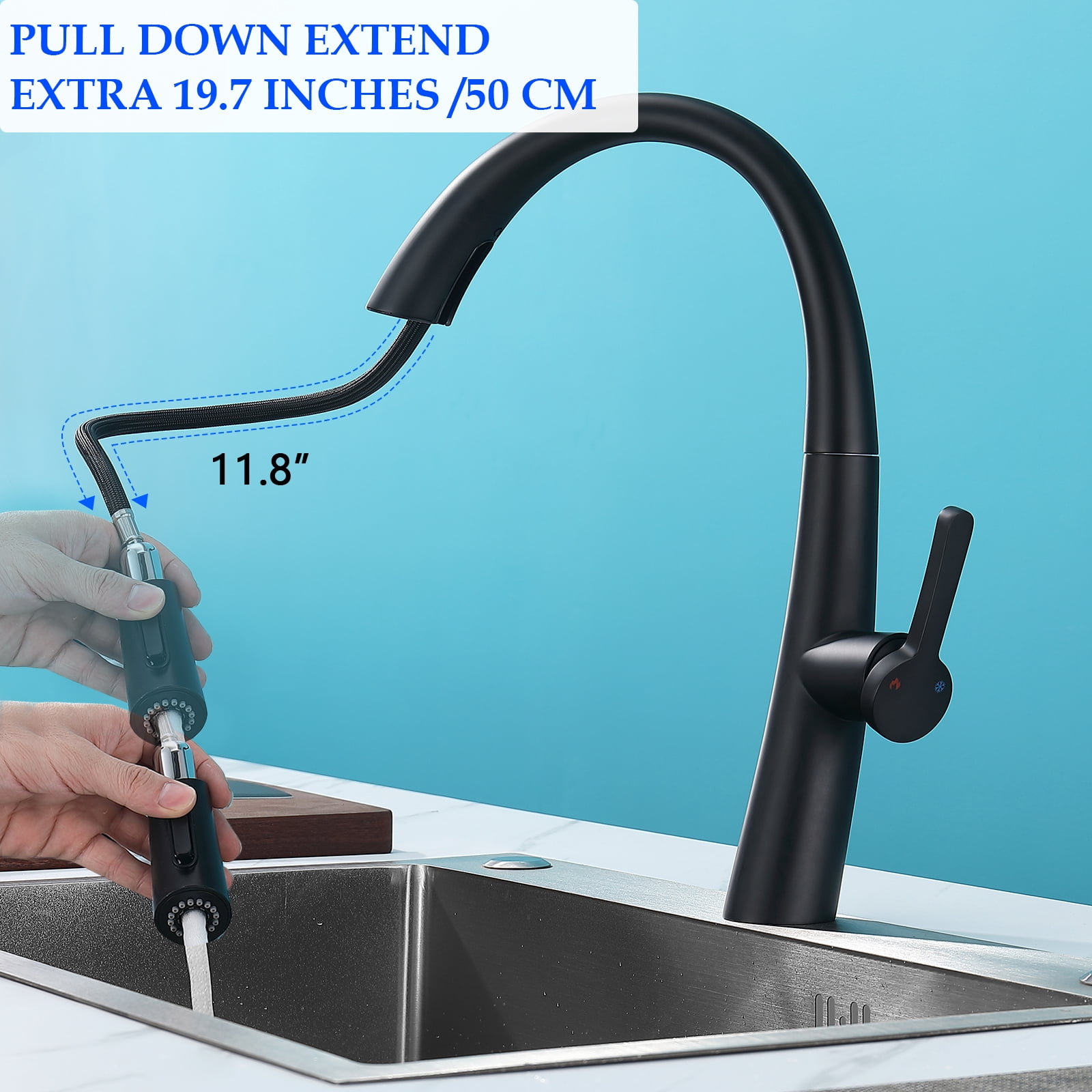 Izzovium Stainless Steel Pull Out Kitchen Faucet, Single Handle High-Arc Matte Black Faucet with 1.5GPM Flow, 360° Rotation & Dual Spray Modes, 27.56" Hose for Easy Cleaning