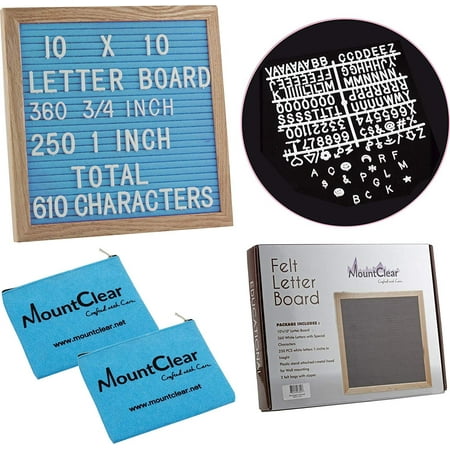 10” X 10” Felt Letter Board with 360 Changeable White Letters – Two Zippered Pouches- Plastic Stand and Metal Hook for Easy Display (Blue)