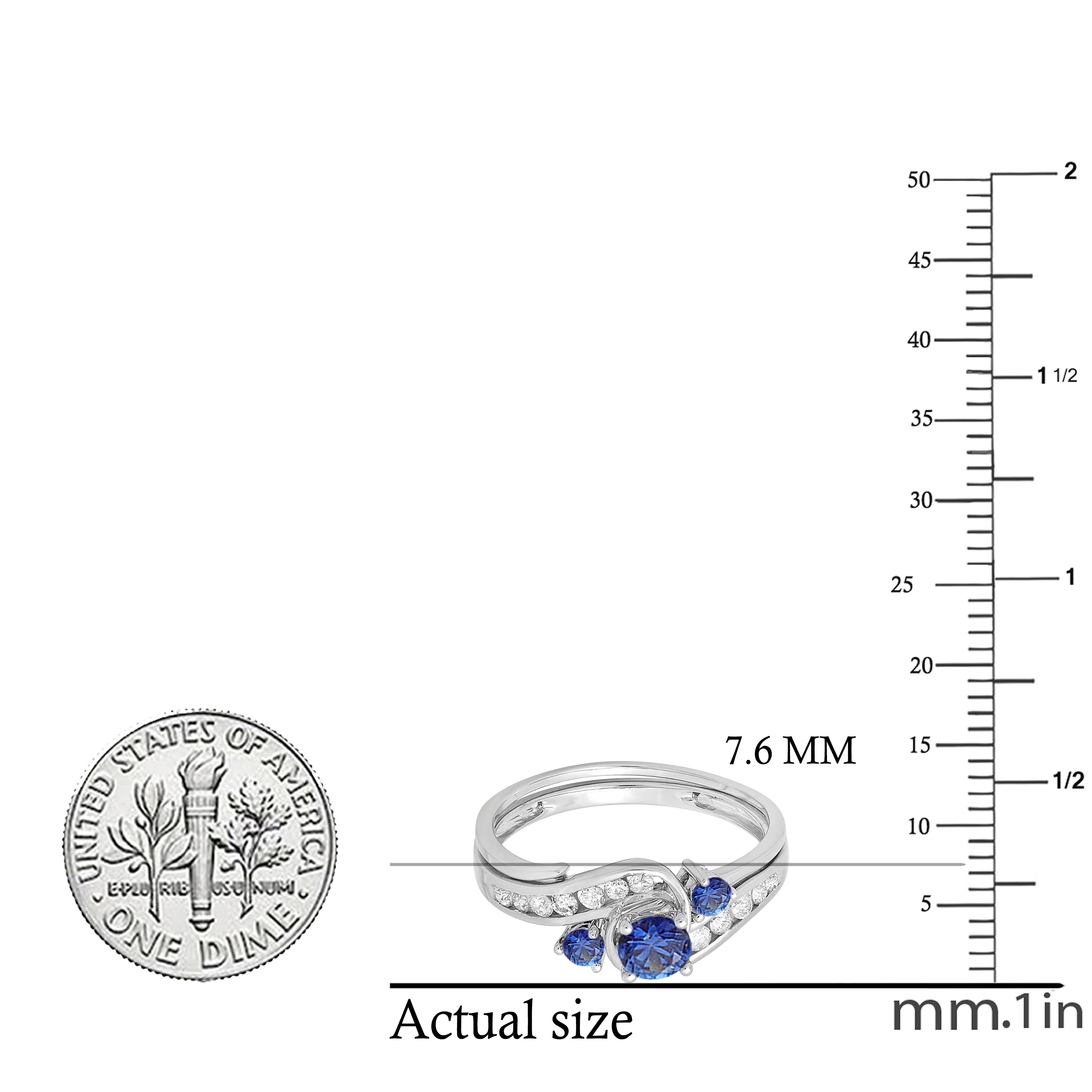 10K White Gold Engagement Ring Set - Round Blue Sapphire & White Diamond Swirl (Size 10) - View #11