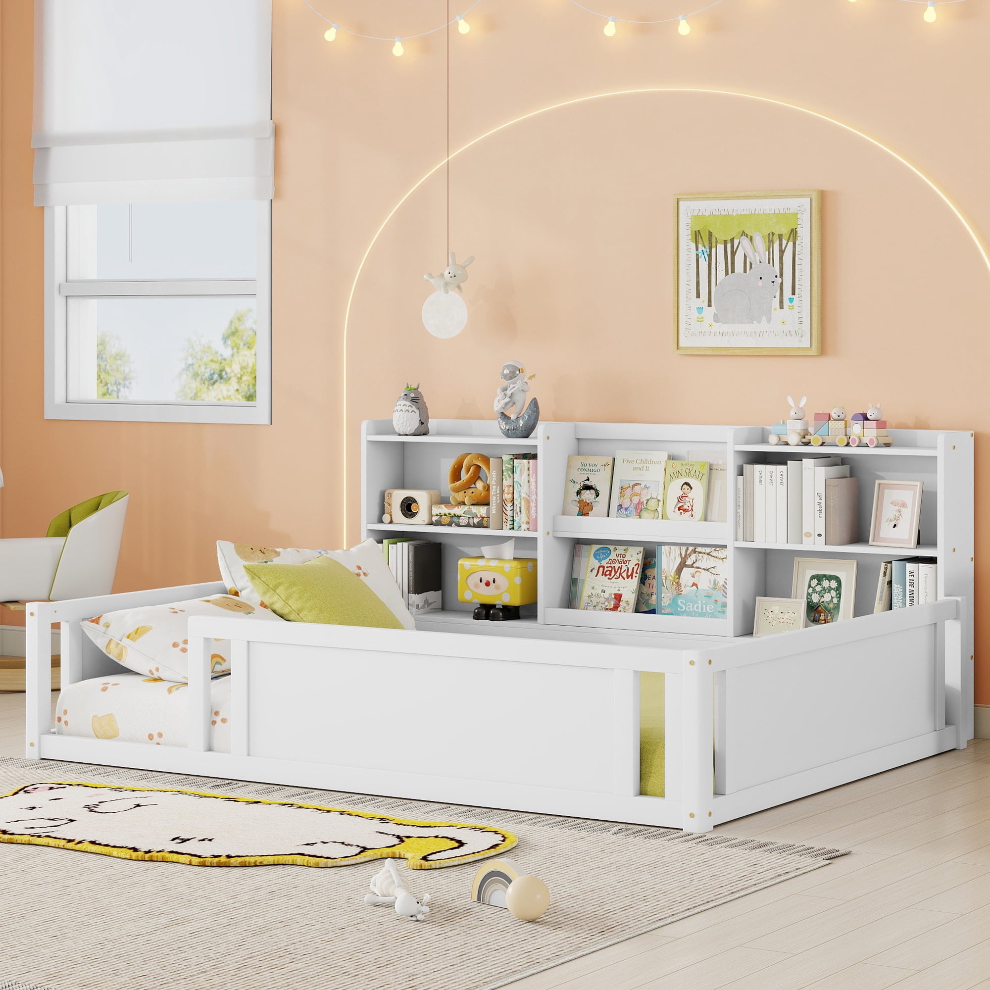 Mintazer Full Size Montessori Floor Bed with Bookcase Headboard & Guardrails, Kids Platform Bed Frame with 6 Cubby Storage Shelves for Bedroom, White