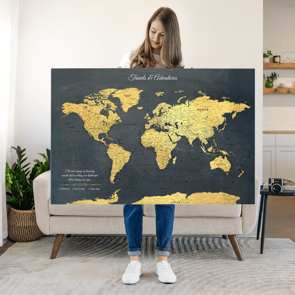 Elephant Stock Real Voyage Push Pin World Map Wall Art - Map Canvas Art - 12" x 8"