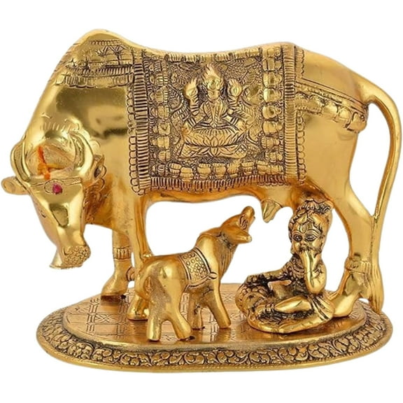 Metal Kamdhenu Cow with Calf & Krishna Statue for Home Decor Gift Item