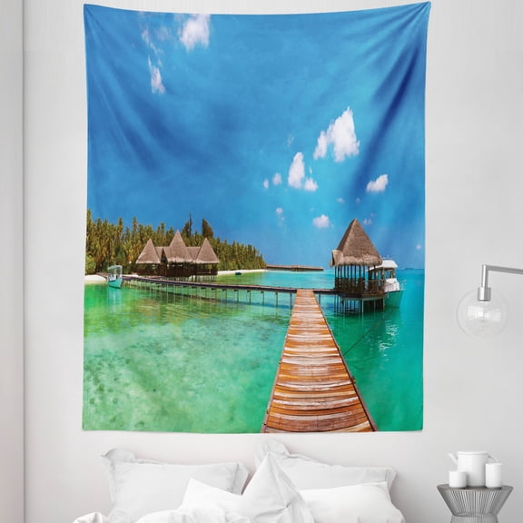 Beach Pathway Tapestry, Maldives Island with a Long Jetty and a Yacht Relaxing Summer Vacation Theme, Fabric Wall Hanging Decor for Bedroom Living Room Dorm, 5 Sizes, Multicolor, by Ambesonne