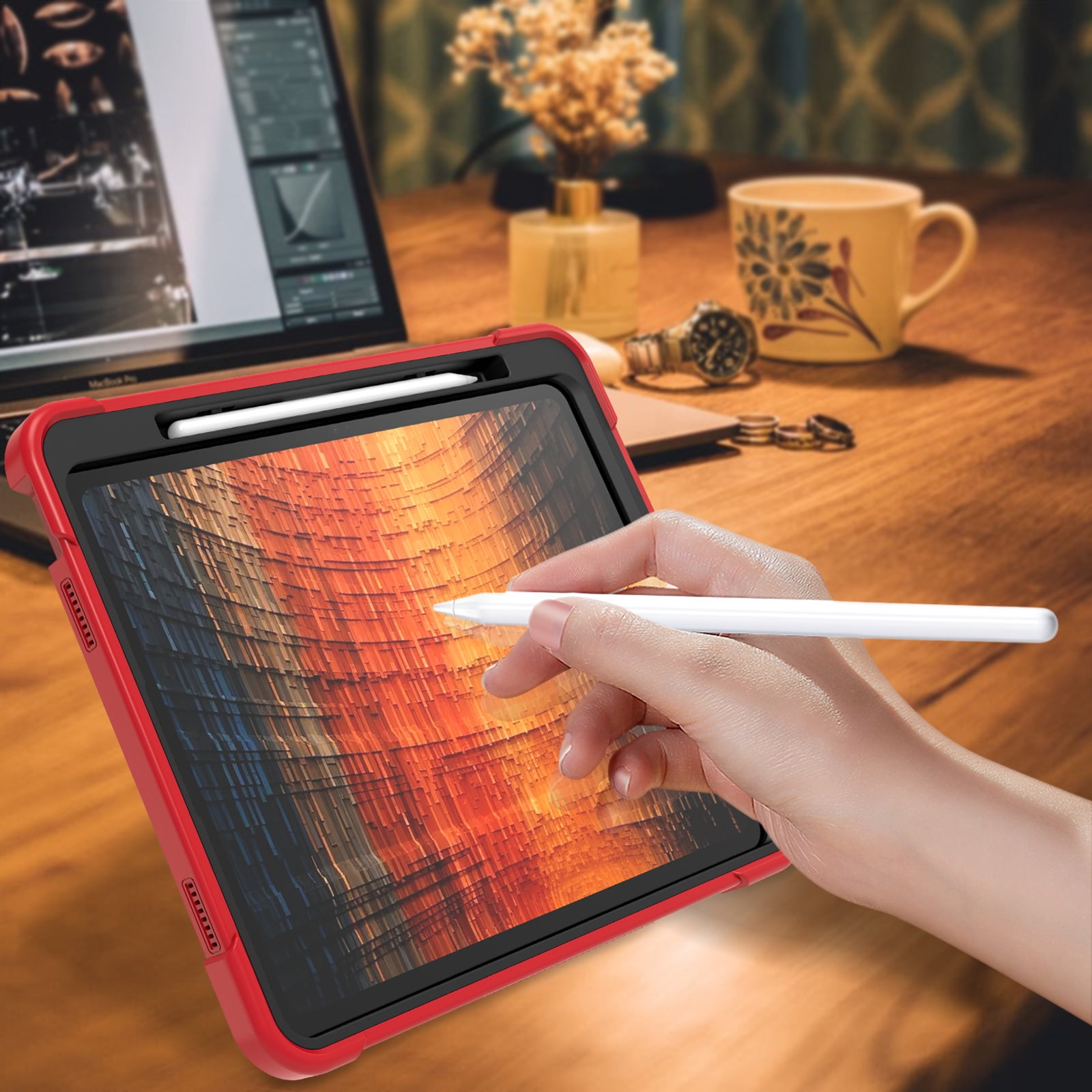Dteck Case for iPad Air 13-inch (M2) 2024, iPad Air 13 Inch Case with Kickstand and Pencil Holder, Heavy Duty Shockproof Protective Cover for Kids,Red