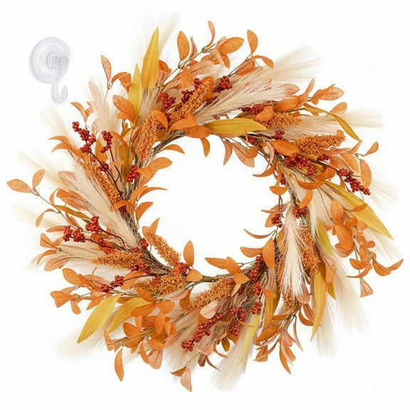 Rhytsing 21.5" Artificial Fall Wreath for Front Door with Olive Leaves, Red Berries and Pampas Grass for Table Centerpieces, Inner Diameter: 9.9 "