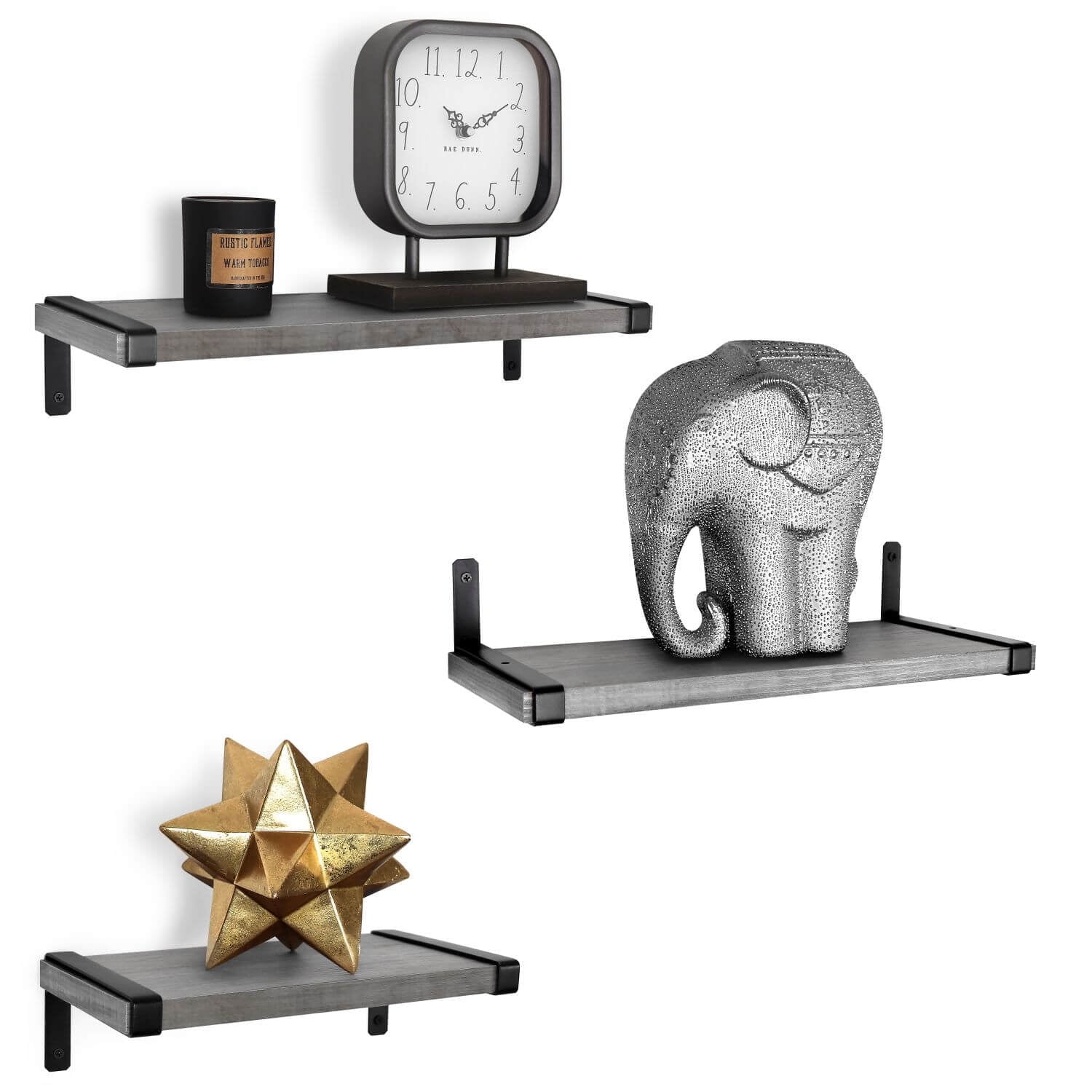 Rustic Grey Wall Mounted Shelves Set with Reversible Brackets, Set of 3