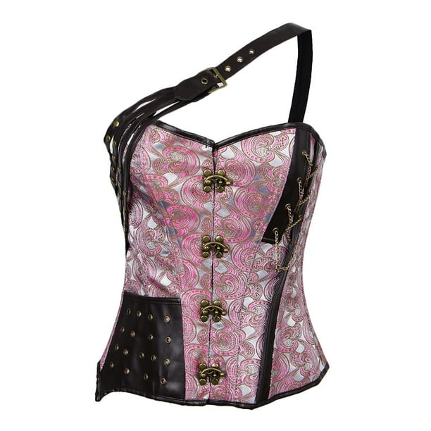corsé de material cuero con cordones góticos con hombros oblicuos