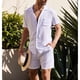 thumbnail image 1 of Conjunto de camisa de lino de algodón de manga corta para hombre traje casual con botones transpirable para playa blanco XXL, 1 of 6