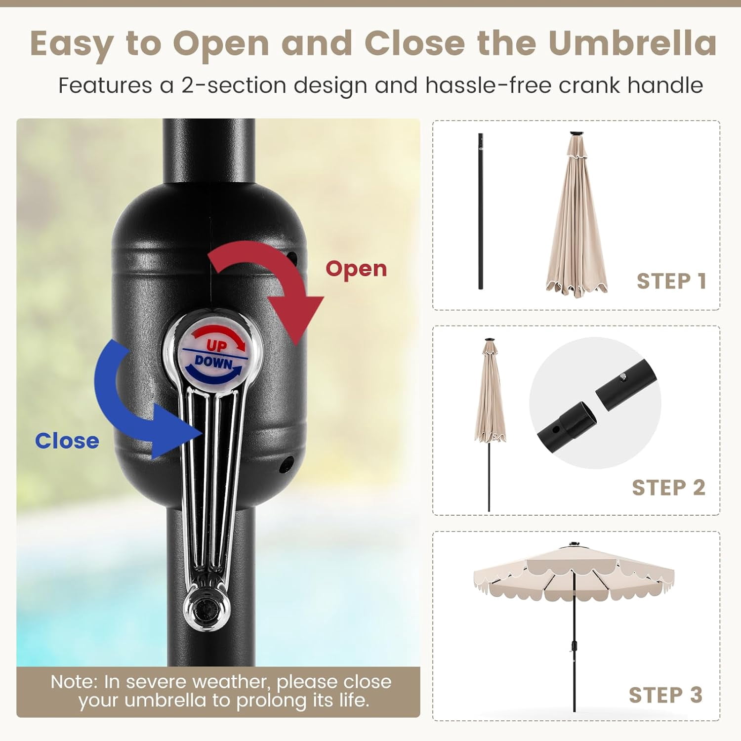 ZYPPP  9 FT Solar Patio Umbrella, 2-Tiers Scalloped Outdoor Table Market Umbrella with 32 LED Lights, Vented Top, Tilt Adjustment, Crank, 8 Ribs for Backyard Poolside Deck Beach Lawn (Beige)