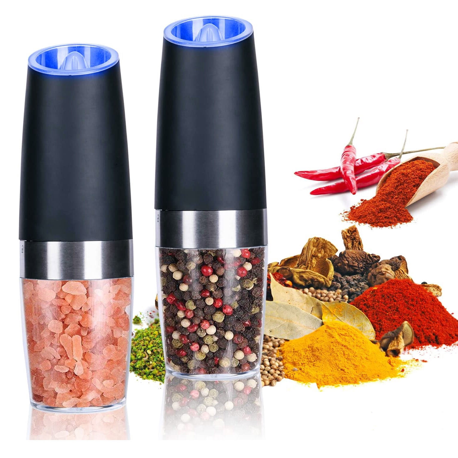 XEENSO 2 Pack Electric Pepper and Salt Grinder Set, Adjustable Coarseness, Battery Powered with LED Light, One Hand Automatic Operation, Stainless Steel, Black