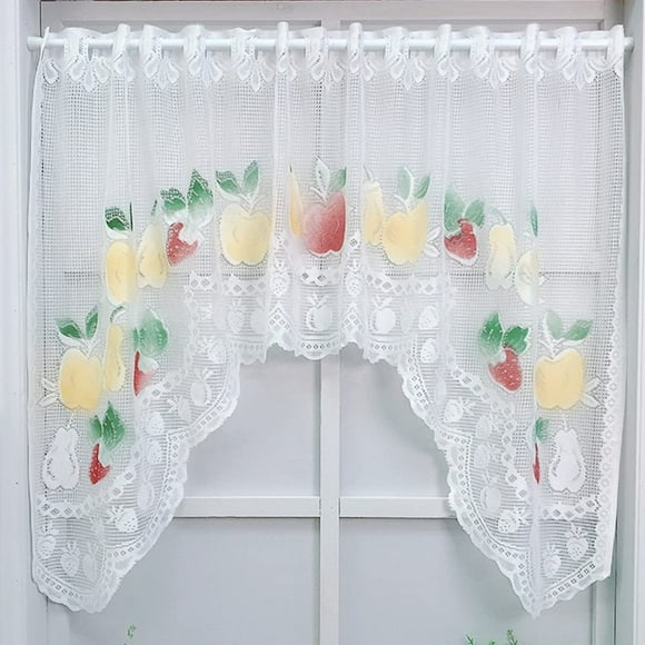 White Lace Swag Curtains for Kitchen Window Doorway Fruit Embroidered Curtains Valance for Kids Room Living Room Rod Pocket Privacy Sheer Short Curtains For Coffee Decor,140*90
