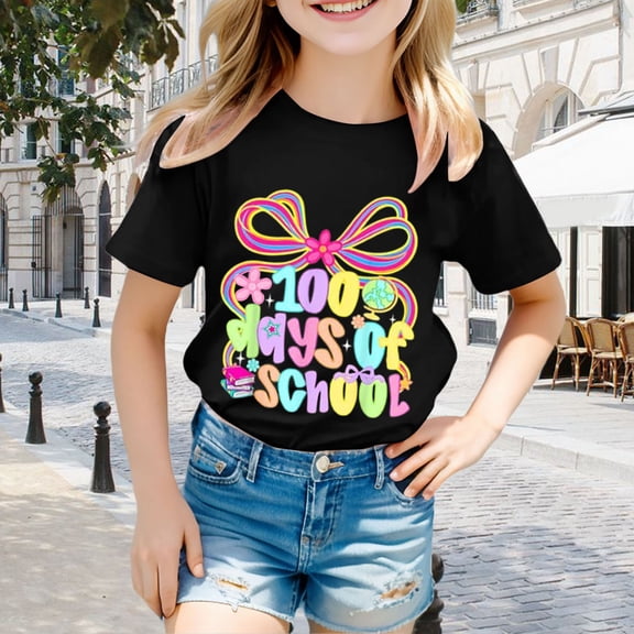 Girls Tshirts Letter Print Crew Neck Short Sleeve Tee for Everyday Wear Girls Tops Black 2 Years-3 Years