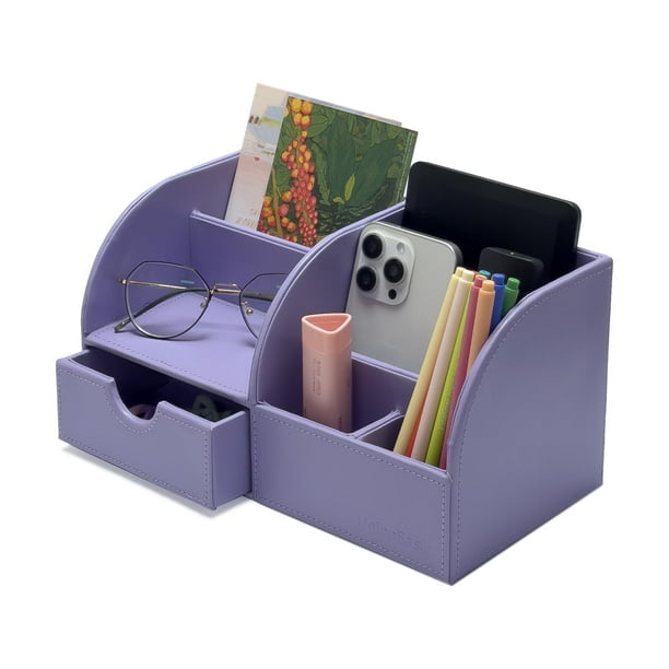 Unionbasic Organizador De Escritorio - Caja De Almacenamiento De Portabolígrafos De Escritorio De Cuero Multifuncional - Porta Tarjetas De Visita/Bolígrafo/Lápiz/Teléfono Móvil/Papelería Púrpura