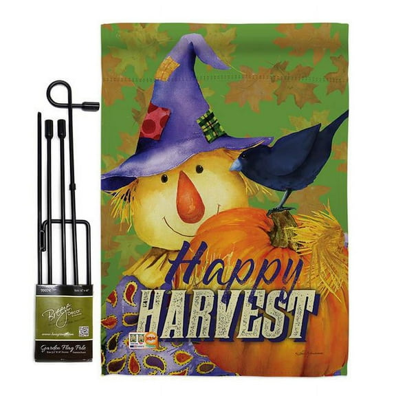 Breeze Decor BD-HA-GS-113080-IP-BO-D-US18-BT 13 x 18.5 in. Happy Harvest Scarecrow Fall & Autumn Vertical Double Sided Mini Garden Flag Set with Banner Pole
