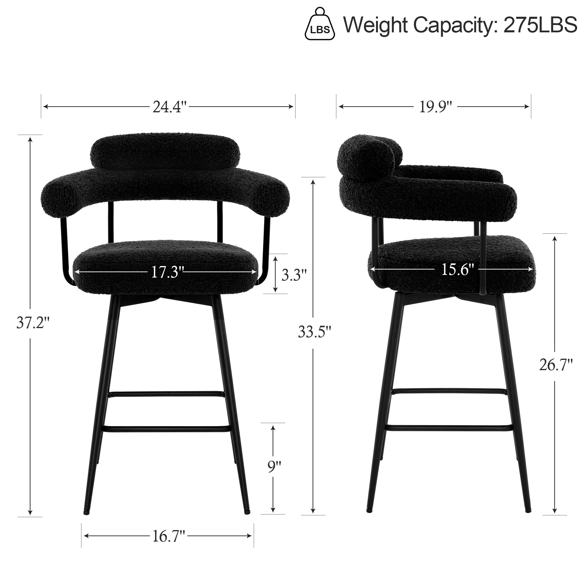 Zesthouse 26.7" Swivel Counter Stools Set of 2, Upholstered Sherpa Bar Stools with Back and Metal Legs, Modern Counter Height Chairs for Kitchen Island, Black