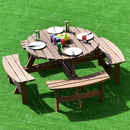 Patio 8 Seat Wood Picnic Table Beer Dining Seat Bench Set 