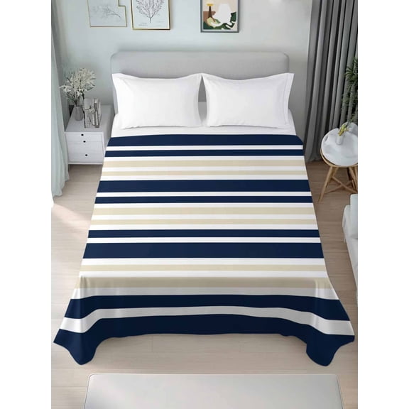 Navy Blue Khaki Striped King Size Flat Sheet, Wrinkleproof & Fadeproof Cooling Flat Bed Sheet Only, Gradient Horizontal Lines Breathable Soft Bedding Top Sheets 105 x 98 Inches