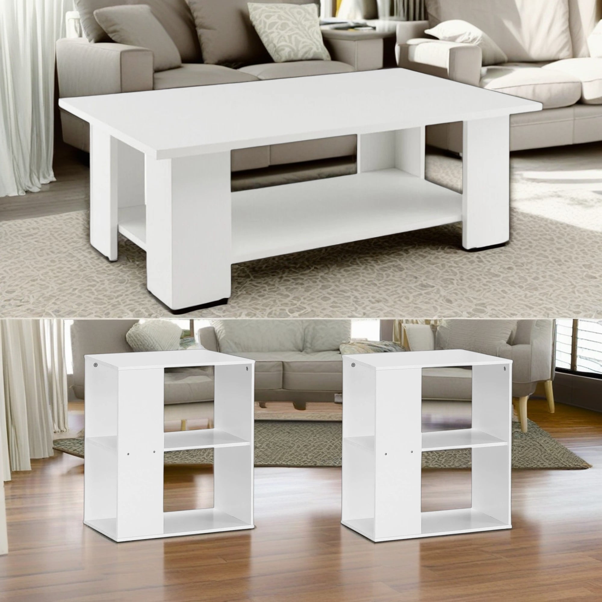Demi Bonn 3-Piece Coffee Table Set, Large 36" 2-tier Wood Modern Side Table with Open Storage Shelf and Set of 2 End Table, Foot Pads, for Living Room, White