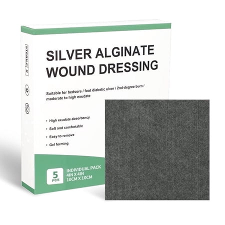 Silver Calcium Alginate Wound Dressing Pads, 4 x 4inch Patch, 5 Pack Individual, Soft Silver Ag Bandages for Wound Care, Gentle Highly Absorbent