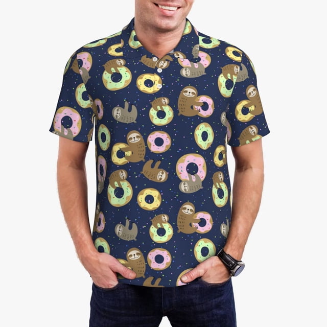 Balery Sloth with Donuts Camisa Polo de Hombre con Estampado, de Manga Corta y Tejido Medio, Camisa Tipo Golf Polo-Large