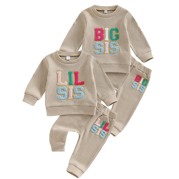 ENFLASH Toddler Baby Girl Sister Matching Outfit Lil/Big Sis Letter Print Sweatshirt Tops Pants 2Pcs Fall Winter Clothes