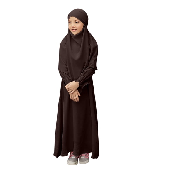 LEKWK Muslim Prayer Dress Hijab Set for Kids Girls Full Length Abaya Long Sleeve Ruffle Cuff Islamic Clothing Traditional Robe Soft Solid Modest