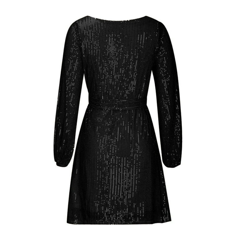 Lovskoo 2024 Women Long Sleeve Sequin Glitter Tie Waist Party Sexy A Line Cocktail Mini Dress Wedding Night Out Club Short Dress Black M
