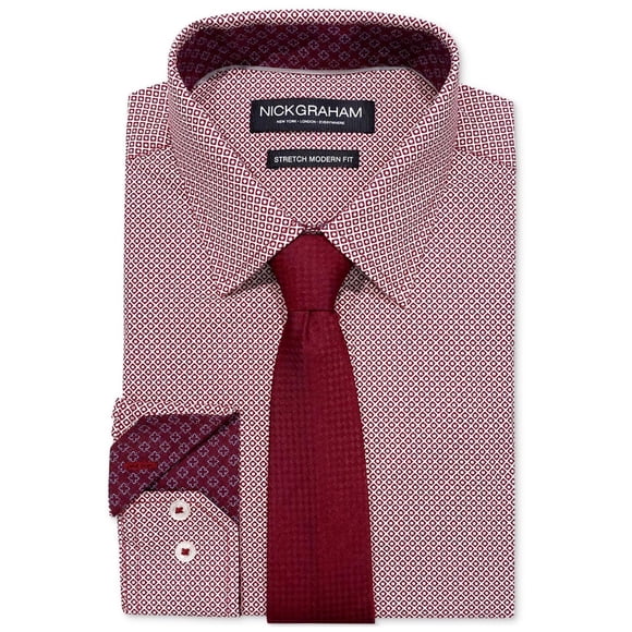 Nick Graham Mens Crossroads Square Tie Set Button Down Dress Shirt, Red, 15.5" Neck 34-35" Sleeve