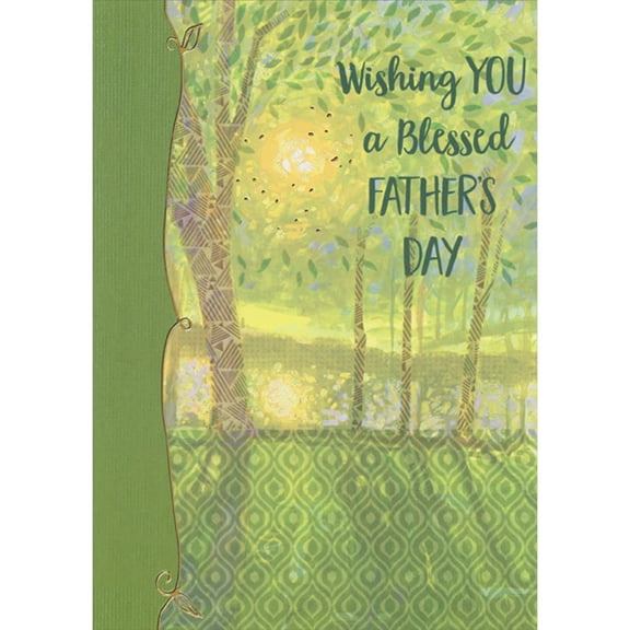 Designer Greetings Glitter Sun Shining Through Green Leaves on Trees with Geometric Shapes on Trunks Religious Father's Day Card
