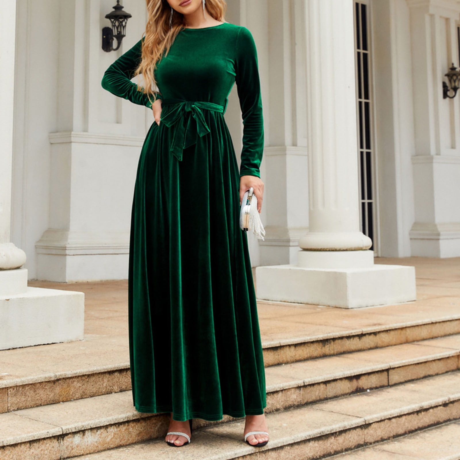 JGGSPWM Women's Velvet Maxi Dress High Waisted A Line Skirt Long Sleeves Dresses Green L