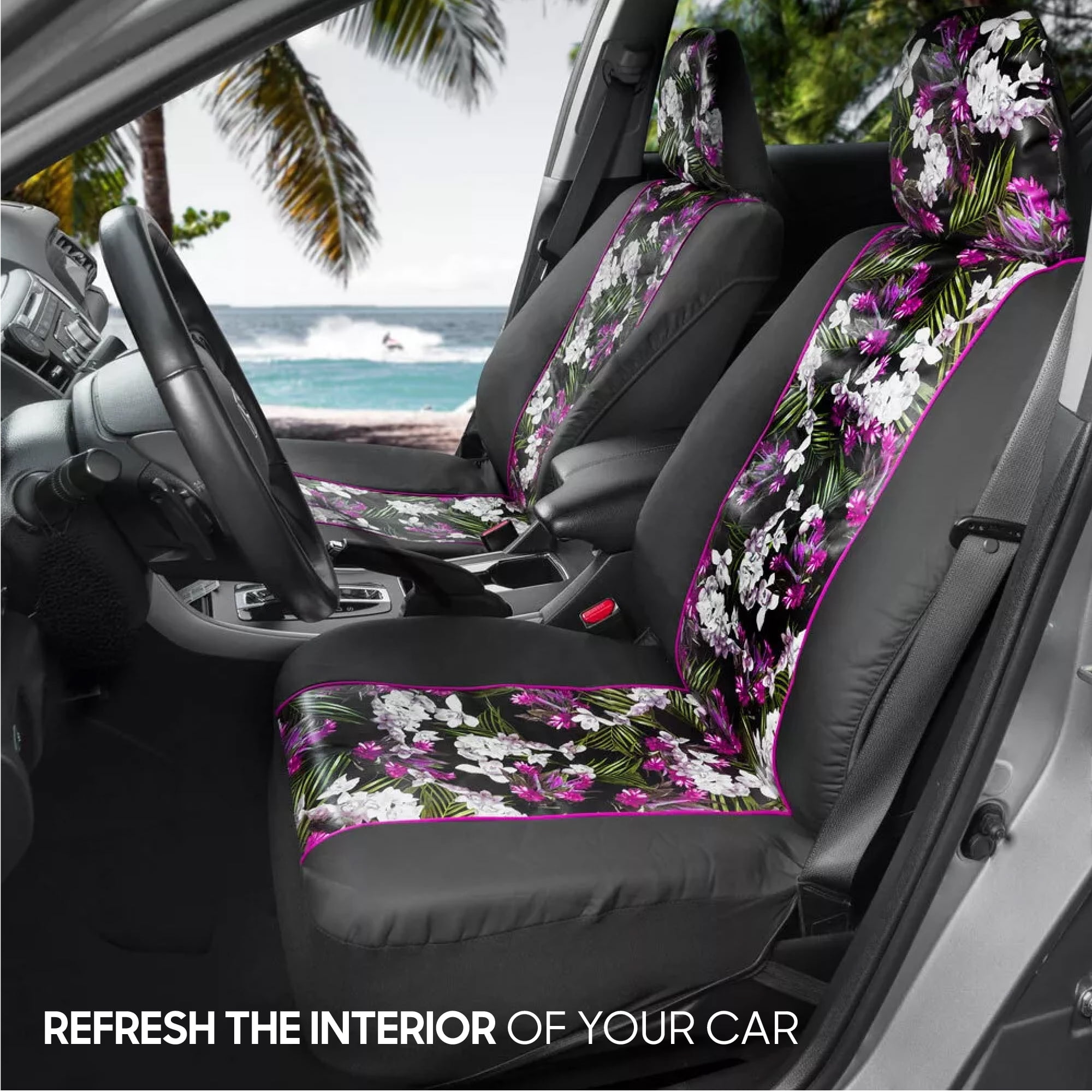 BDK Catalina Flower Seat Covers for Car SUV Truck - Sideless Seat Style Compatible with Armrest & Airbag - Universal Fit 2 Sets